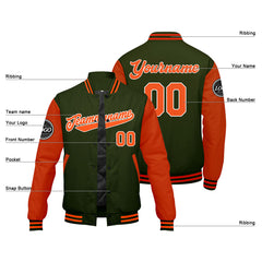 Benutzerdefinierte Verlauf Varsity-Jacke. Letterman-Jacke Olivgrün Orange