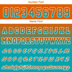 Benutzerdefinierte Varsity-Jacke. Letterman-Jacke für Männer, Frauen und Jugendliche Orange Teal Verlauf