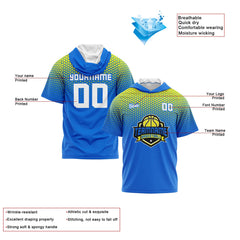 Benutzerdefinierte Blau Gelb Kurzarm-Kapuzenpullover für Männer Frauen Hemden mit Kapuzen gedruckt Name Logo