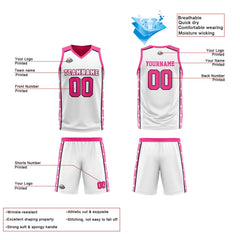 Benutzerdefinierte Weiß Rosa Reversible Basketball Jersey Personalisierte Print Name Nummer Logo