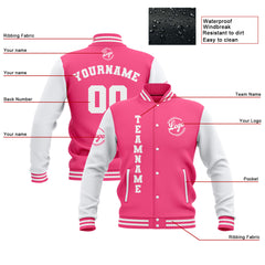 Benutzerdefiniert Rosa Weiß Wasserdichte Varsity Jacken Personalisiert genäht Name Nummer Logo zu Letterman Jacken