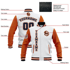 Benutzerdefiniert Weiß Orange Marine Wasserdichte Varsity Jacken Personalisiert genäht Name Nummer Logo zu Letterman Jacken