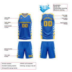 Benutzerdefinierte Blau Weiß Gelb Reversible Basketball Jersey Personalisierte Print Name Nummer Logo