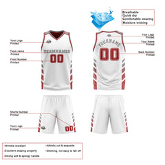 Benutzerdefinierte Weiß Rot Grau Reversible Basketball Jersey Personalisierte Print Name Nummer Logo