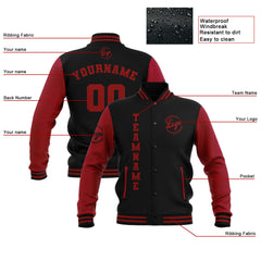 Benutzerdefiniert Schwarz Rot Wasserdichte Varsity Jacken Personalisiert genäht Name Nummer Logo zu Letterman Jacken
