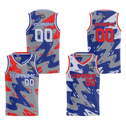 Benutzerdefinierte Grau Blau Rot Reversible Basketball Jersey Personalisierte Print Name Nummer Logo