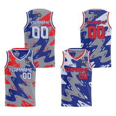Benutzerdefinierte Grau Blau Rot Reversible Basketball Jersey Personalisierte Print Name Nummer Logo