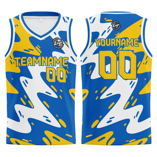 Benutzerdefinierter Blau Gelb Basketball Jersey Uniform Anzug gedruckt Ihr Logo Name Nummer
