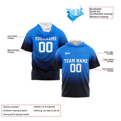 Benutzerdefinierte Blau Marine Kurzarm-Kapuzenpullover für Männer Frauen Hemden mit Kapuzen gedruckt Name Logo