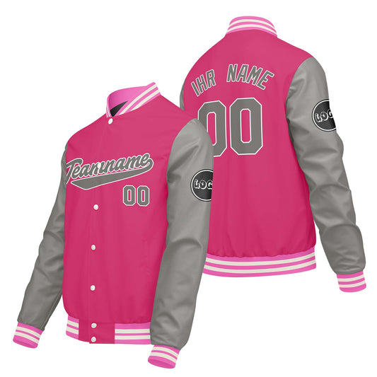 Maßgeschneiderte Hellgrau Rosa Letterman Varsity Jacket Individuelle Stickerei Druck nach Ihrem Wunsch