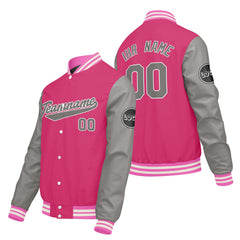 Maßgeschneiderte Hellgrau Rosa Letterman Varsity Jacket Individuelle Stickerei Druck nach Ihrem Wunsch