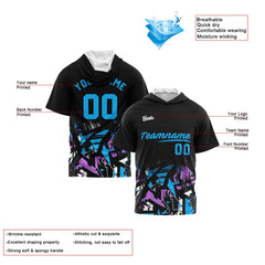 Benutzerdefinierte Schwarz Hellblau Kurzarm-Kapuzenpullover für Männer Frauen Hemden mit Kapuzen gedruckt Name Logo