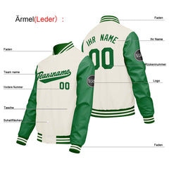 Maßgeschneiderte Creme Weiß Grün Letterman Varsity Jacket Individuelle Stickerei Druck nach Ihrem Wunsch