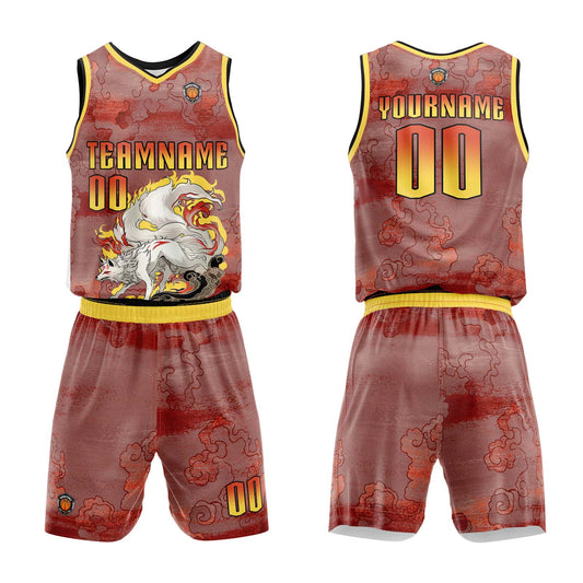 Benutzerdefinierter Rot Gelb Basketball Jersey Uniform Anzug gedruckt Ihr Logo Name Nummer