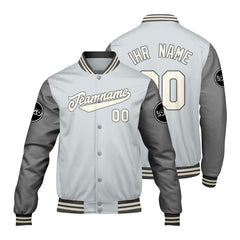Maßgeschneiderte Grau Letterman Varsity Jacket Individuelle Stickerei Druck nach Ihrem Wunsch