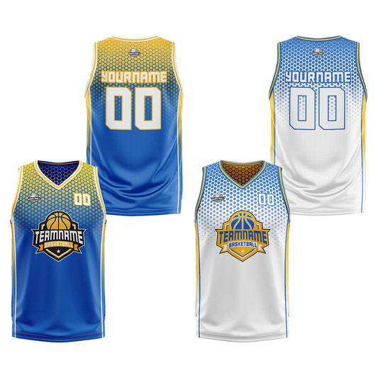 Benutzerdefinierte Blau Gelb Weiß Reversible Basketball Jersey Personalisierte Print Name Nummer Logo