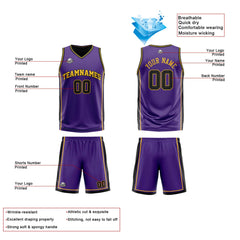 Benutzerdefinierte Lila Schwarz Gelb Reversible Basketball Jersey Personalisierte Print Name Nummer Logo