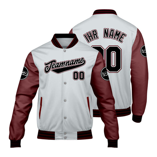 Maßgeschneiderte Hellgrau Rot Letterman Varsity Jacket Individuelle Stickerei Druck nach Ihrem Wunsch