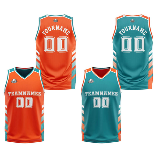 Benutzerdefinierte Orange Teal Weiß Reversible Basketball Jersey Personalisierte Print Name Nummer Logo