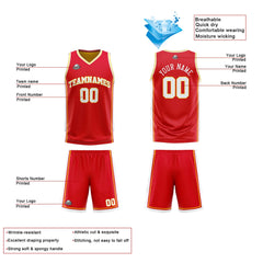 Benutzerdefinierte Rot Gelb Weiß Reversible Basketball Jersey Personalisierte Print Name Nummer Logo