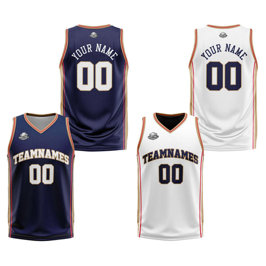 Benutzerdefinierte Marine Weiß Gold Reversible Basketball Jersey Personalisierte Print Name Nummer Logo