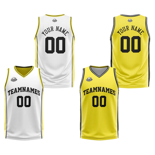 Benutzerdefinierte Weiß Gelb Schwarz Reversible Basketball Jersey Personalisierte Print Name Nummer Logo