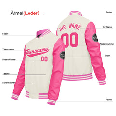 Maßgeschneiderte Creme Weiß Rosa Letterman Varsity Jacket Individuelle Stickerei Druck nach Ihrem Wunsch