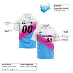 Benutzerdefinierte Weiß Rosa Hellblau Kurzarm-Kapuzenpullover für Männer Frauen Hemden mit Kapuzen gedruckt Name Logo