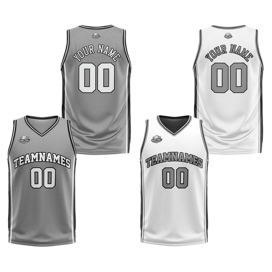 Benutzerdefinierte Grau Weiß Schwarz Reversible Basketball Jersey Personalisierte Print Name Nummer Logo