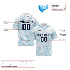 Benutzerdefinierte Hellblau Kurzarm-Kapuzenpullover für Männer Frauen Hemden mit Kapuzen gedruckt Name Logo