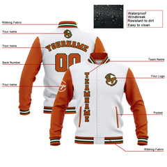 Benutzerdefiniert Weiß Orange Wasserdichte Varsity Jacken Personalisiert genäht Name Nummer Logo zu Letterman Jacken