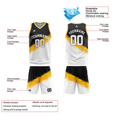 Benutzerdefinierte Reversible Basketball Jersey Personalisierte Print Name Nummer Logo Schwarz-Gelb-Weiß