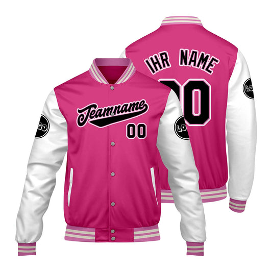 Maßgeschneiderte Rosa Weiß Letterman Varsity Jacket Individuelle Stickerei Druck nach Ihrem Wunsch