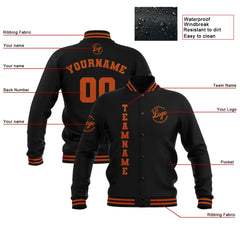 Benutzerdefiniert Schwarz Dunkel Orange Wasserdichte Varsity Jacken Personalisiert genäht Name Nummer Logo zu Letterman Jacken