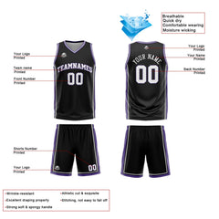 Benutzerdefinierte Schwarz Weiß Lila Reversible Basketball Jersey Personalisierte Print Name Nummer Logo