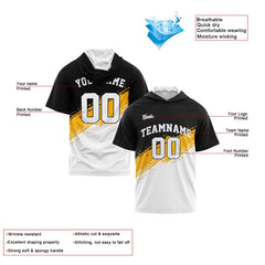 Benutzerdefinierte Schwarz Gelb Weiß Kurzarm-Kapuzenpullover für Männer Frauen Hemden mit Kapuzen gedruckt Name Logo