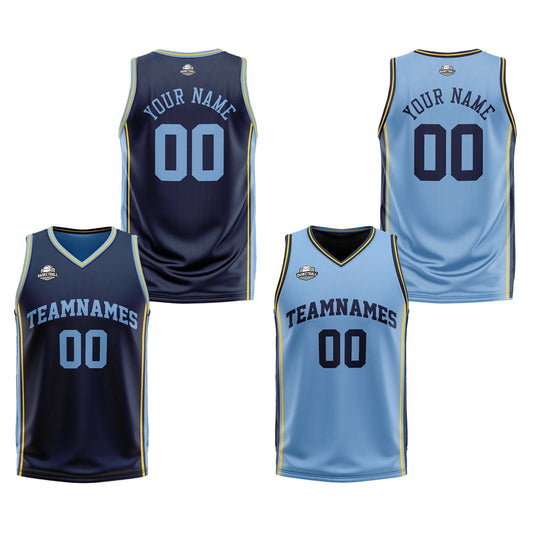 Benutzerdefinierte Marineblau Hellblau Gelb Reversible Basketball Jersey Personalisierte Print Name Nummer Logo
