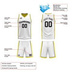 Benutzerdefinierte Weiß Gelb Schwarz Reversible Basketball Jersey Personalisierte Print Name Nummer Logo