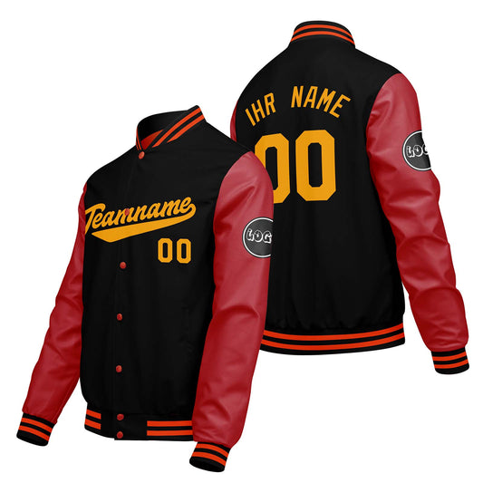 Maßgeschneiderte Schwarz Rot Letterman Varsity Jacket Individuelle Stickerei Druck nach Ihrem Wunsch