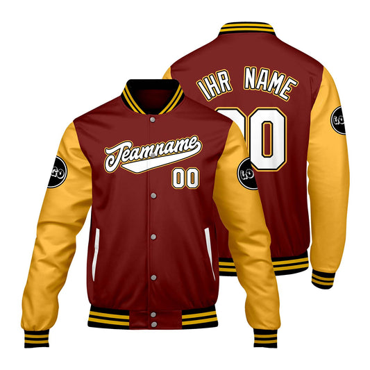 Maßgeschneiderte Rot Gelb Letterman Varsity Jacket Individuelle Stickerei Druck nach Ihrem Wunsch