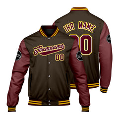 Maßgeschneiderte Braun Rot Letterman Varsity Jacket Individuelle Stickerei Druck nach Ihrem Wunsch