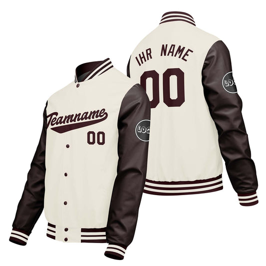 Maßgeschneiderte Creme Weiß Braun Letterman Varsity Jacket Individuelle Stickerei Druck nach Ihrem Wunsch