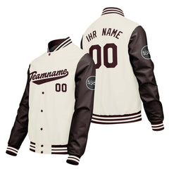 Maßgeschneiderte Creme Weiß Braun Letterman Varsity Jacket Individuelle Stickerei Druck nach Ihrem Wunsch