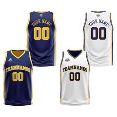 Benutzerdefinierte Marine Gelb Weiß Reversible Basketball Jersey Personalisierte Print Name Nummer Logo