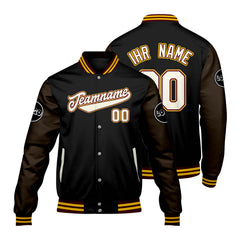 Maßgeschneiderte schwarz Braun Letterman Varsity Jacket Individuelle Stickerei Druck nach Ihrem Wunsch