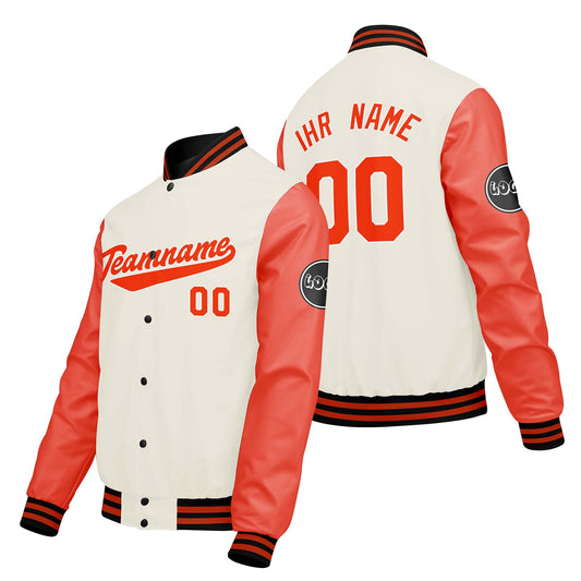Maßgeschneiderte Creme Weiß Orange Letterman Varsity Jacket Individuelle Stickerei Druck nach Ihrem Wunsch