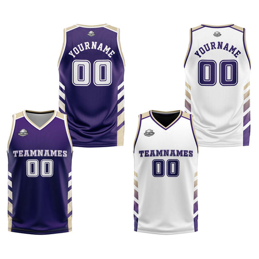 Benutzerdefinierte Lila Weiß Creme Reversible Basketball Jersey Personalisierte Print Name Nummer Logo