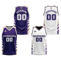Benutzerdefinierte Lila Weiß Creme Reversible Basketball Jersey Personalisierte Print Name Nummer Logo