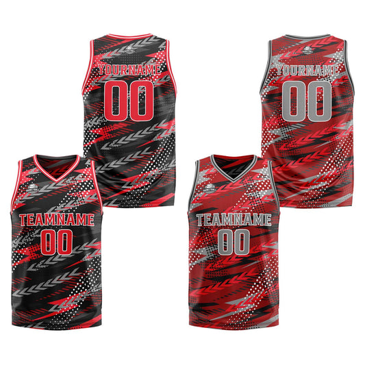 Benutzerdefinierte Schwarz Rot Grau Reversible Basketball Jersey Personalisierte Print Name Nummer Logo