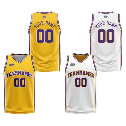 Benutzerdefinierte Gelb Weiß Lila Reversible Basketball Jersey Personalisierte Print Name Nummer Logo
